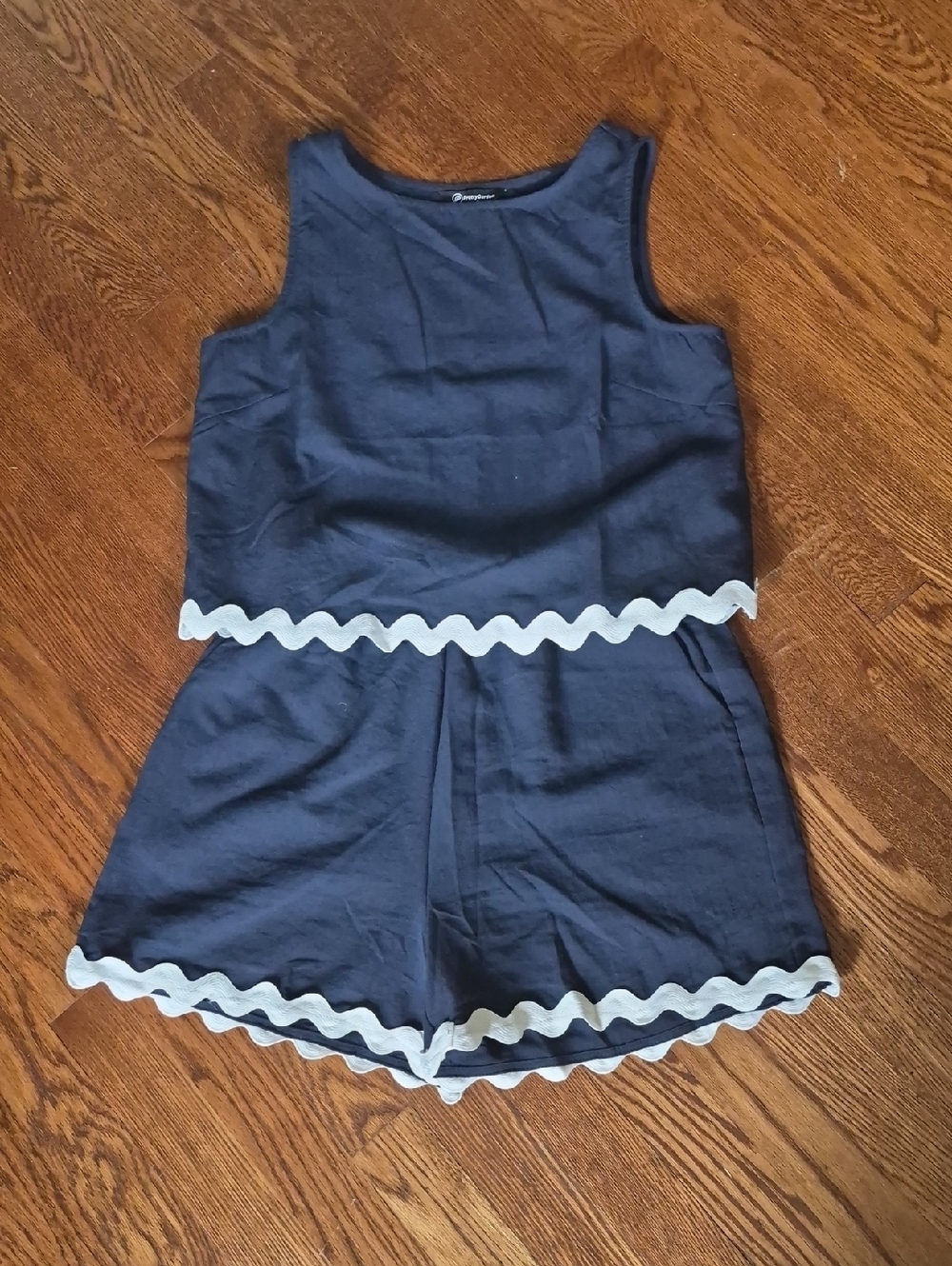 Navy Two-Piece Tank & Short Set with White Scallop Trim